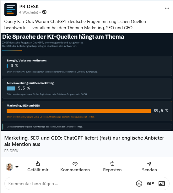LinkedIn-Post des PR-DESK-Markenkanals