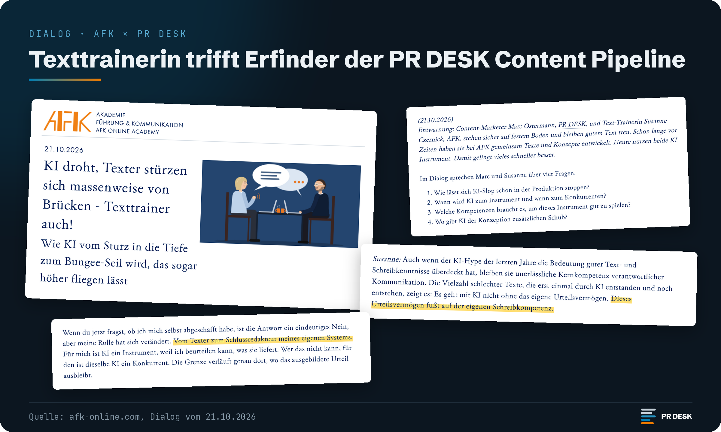 Collage aus der Dialogseite der AFK vom 21.10.2026: Seitenkopf mit Titel und Illustration zweier Gesprächspartner am Tisch, die vier Leitfragen des Dialogs und zwei gelb markierte Passagen, darunter der Satz „Dieses Urteilsvermögen fußt auf der eigenen Schreibkompetenz.“